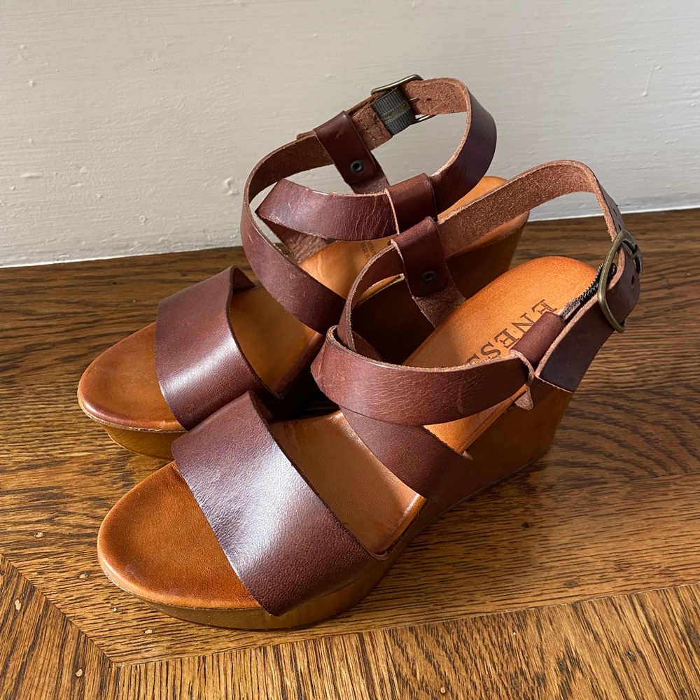 Italian Leather Wedge Sandals Brown Size 7